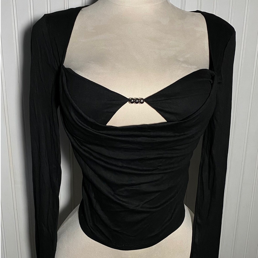 Lulus Sexy Black Layered Look Cut Out Top Baddie Clubwear Silver Pearl - M